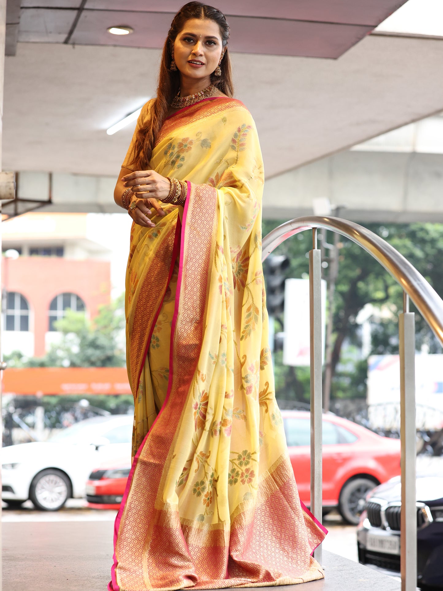 Banarasi georgette hand-printed saree